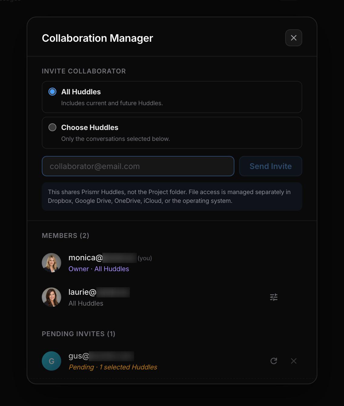 The Prismr Collaboration Manager: invite a collaborator to all Huddles or only chosen conversations, with current members and a pending invite shown.