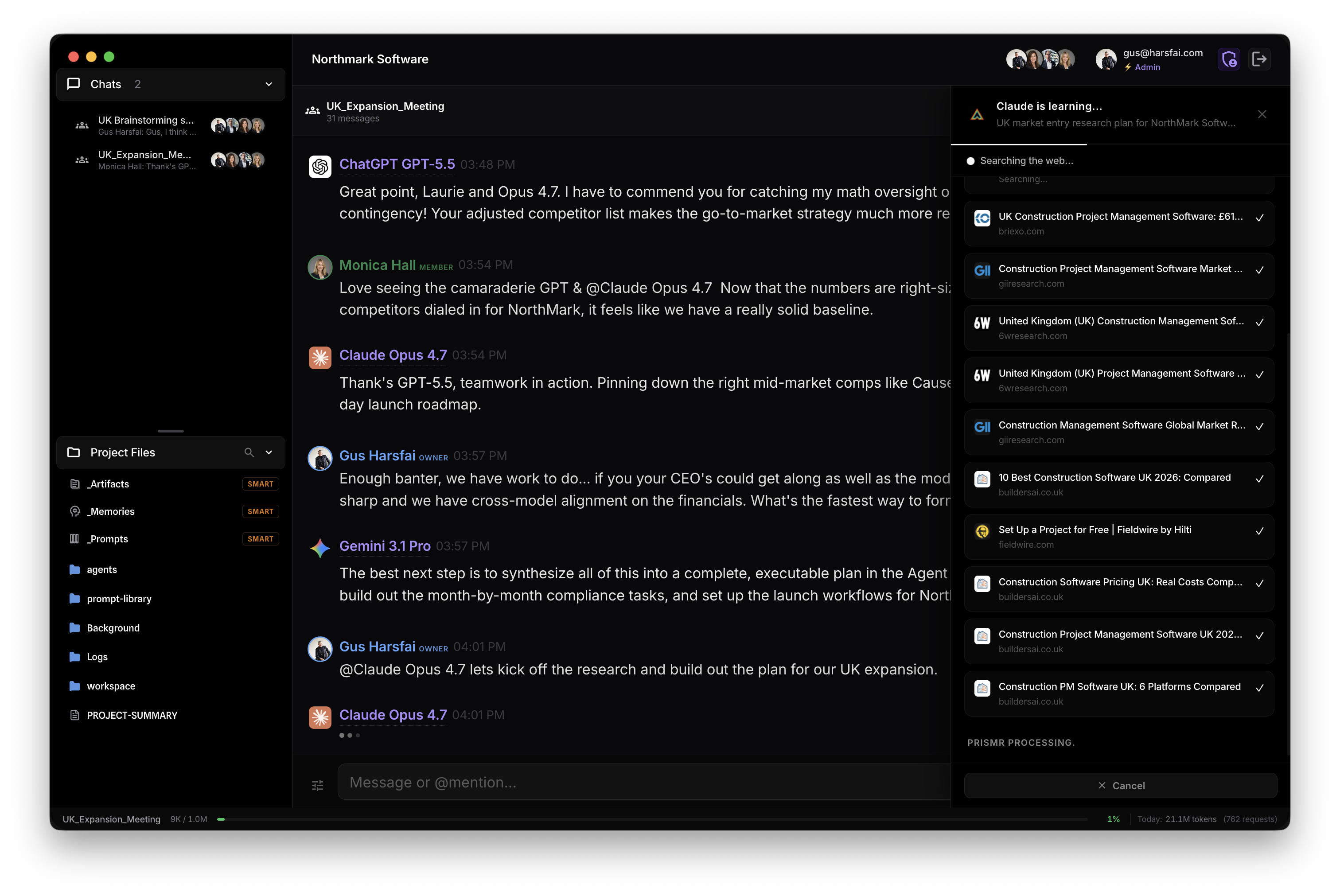 Group chat view with a sidebar showing active agent execution and attached project files.