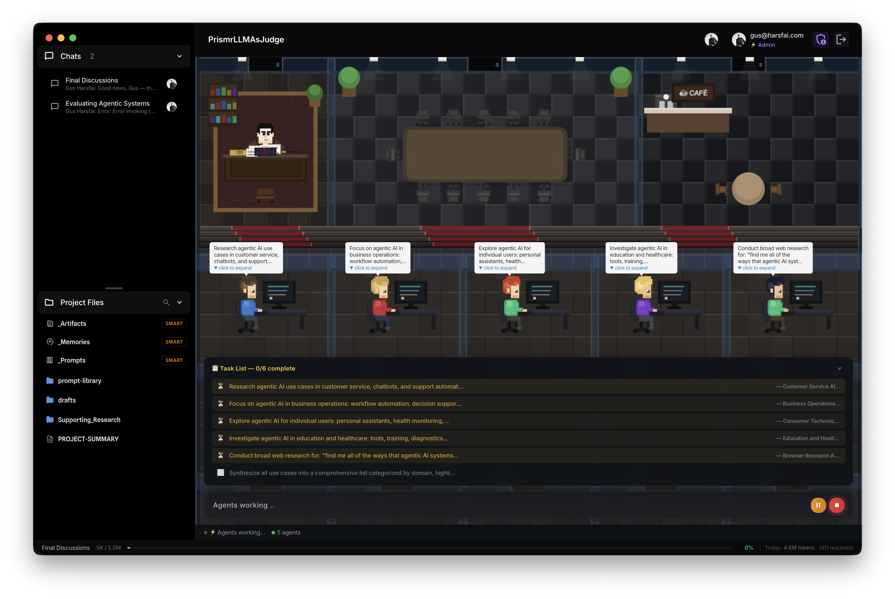 Pixel-art research office with a team of AI workers being supervised.
