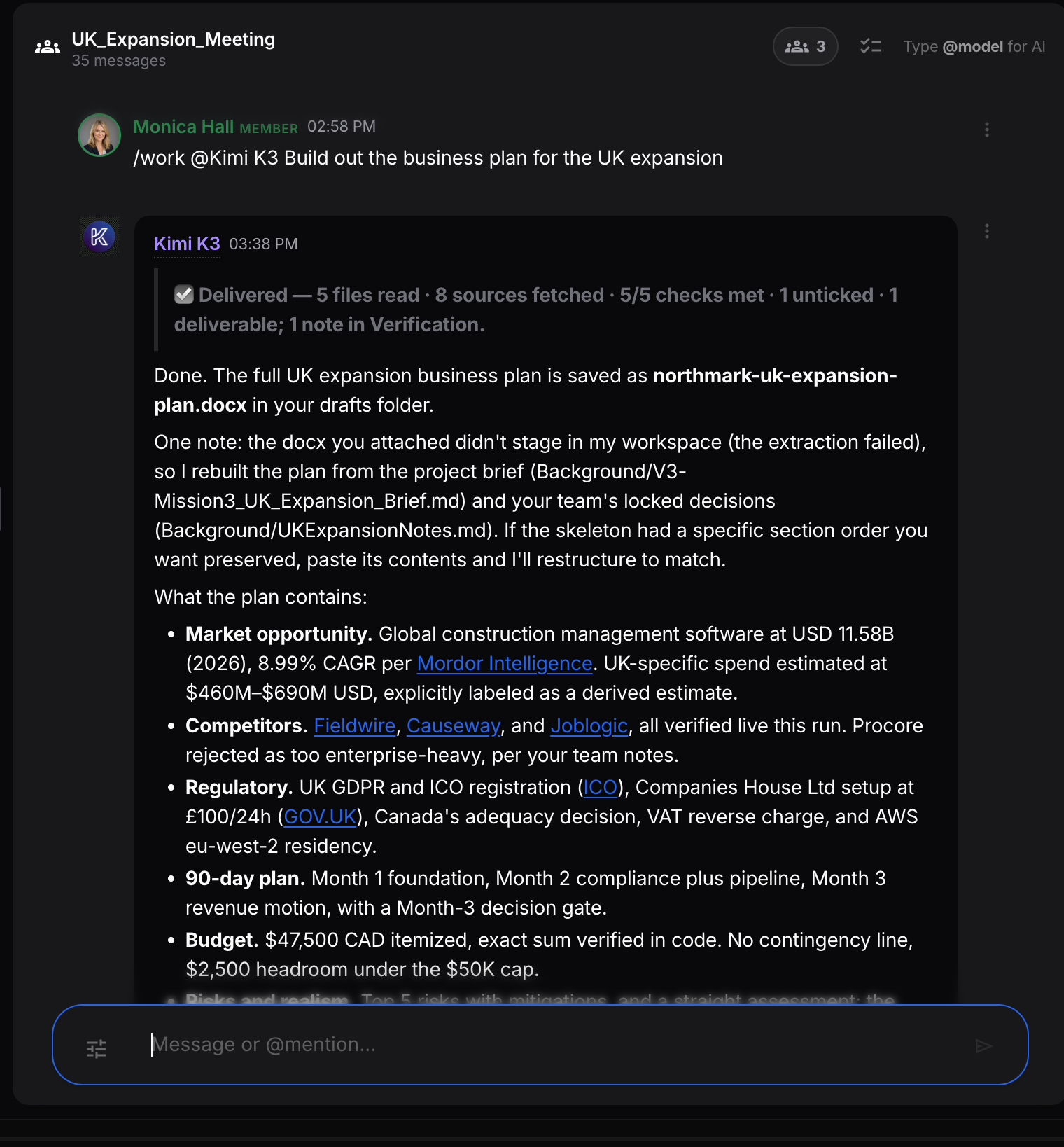 A completed tracked Job in a shared conversation: delivered with files read, sources fetched, checks met, one unticked item, and a note in Verification, with the created plan saved to the project's drafts.